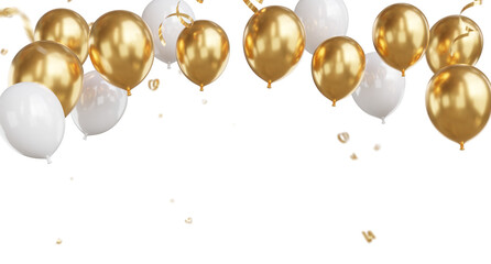 3D render of Golden Balloons and Confetti with Celebration banner. © KWstudio