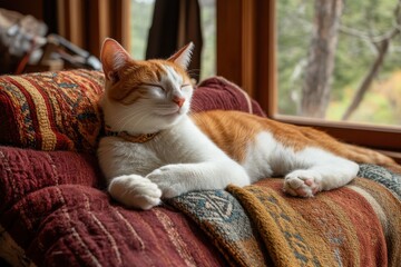 Relaxed Ginger Cat Enjoying a Cozy Moment on Colorful Blanket by the Window with Nature Background and Soft Morning Light, Perfect for Pet Lovers and Home Decor