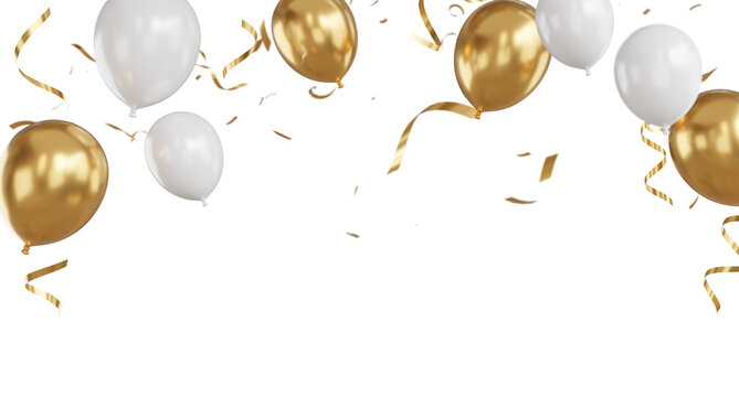 3D render of Golden Balloons and Confetti with Celebration banner.