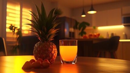 Glass of fresh pineapple juice on a table in a warm, dimly lit kitchen at sunset.  Pineapple and small oranges are next to the glass.