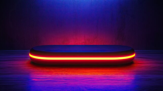 Glowing neon orange rimmed dark platform on reflective surface with purple and blue background.