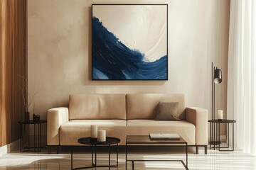 Abstract navy blue painting above beige sofa in minimalist living room with black metal lamps and glass coffee table