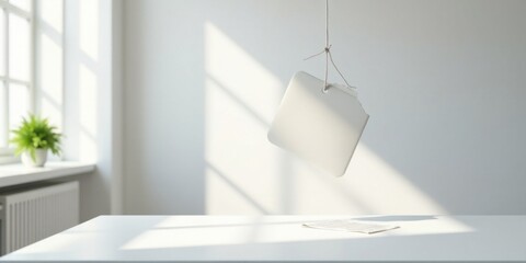 A blank sign hangs from a string in a sunlit room with a minimalist white table and a single plant; perfect for showcasing your design