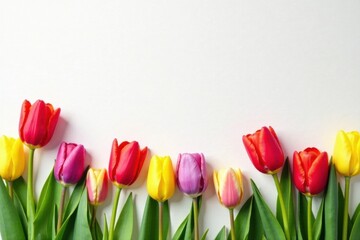 Vibrant Spring Tulips Arranged in a Cheerful Border on a White Background, Perfect for Festive Greetings or Floral Design Inspiration