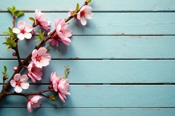 Delicate Pink Blossoms Arranged on a Weathered Light Blue Wooden Surface, Springtime Floral Still Life Photography