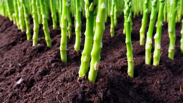 Rows of fresh green asparagus spears growing in fertile dark brown soil in a rural field on a spring day, showing new growth and healthy plants.