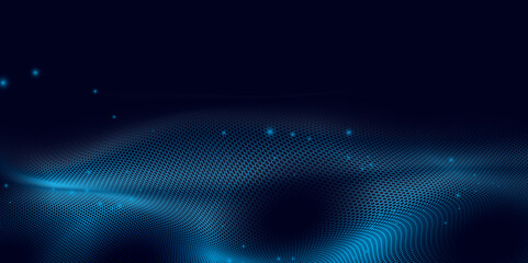 Abstract futuristic hexagon wave with moving dots. Flow of particles. Cyber technology with hexagon pattern. 