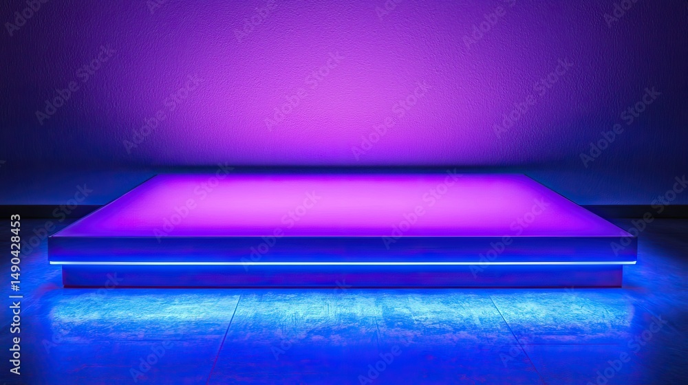 Wall mural illuminated platform with purple and blue neon lights, creating a vibrant and modern display.