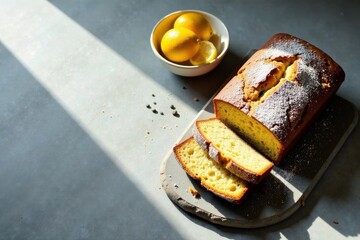 Sunlight Dapples Delicious Lemon Loaf Cake Sliced on a Rustic Board with Fresh Lemons