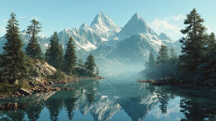 Snowy mountain range reflecting in calm blue lake surrounded by pine trees and clear morning misty air
