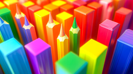 Obraz premium Vivid Rainbow Pencils and Colored Blocks on Bright Background