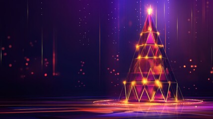 Stylized Christmas tree with geometric design and glowing lights on a purple background. Modern holiday season concept with festive lighting and abstract shapes.