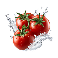 Three red tomatoes are shown with a splash of liquid around them, set against a plain white background