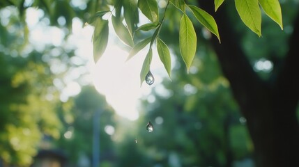 Obraz premium Water droplets on leaf in sunlight fresh natural growth