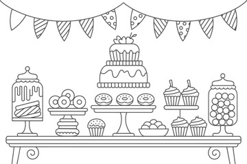 Naklejka premium Outline illustration of a dessert table with cake donuts and cupcakes