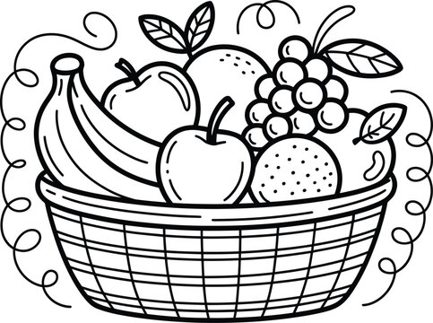 Black and white fruit basket illustration featuring apples oranges banana and grapes