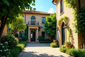 Fototapeta premium Sunlit Courtyard Entrance to a Luxurious Brick Residence with Ornate Architectural Details and Lush Landscaping