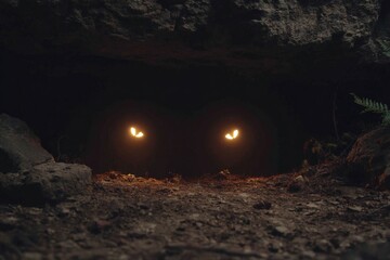 Glowing eyes peer from a dark cave.