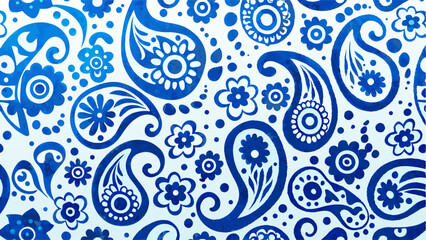 Vibrant blue paisley pattern on a light background. A beautiful, repeating pattern of paisley designs in shades of blue on a light, almost white background.