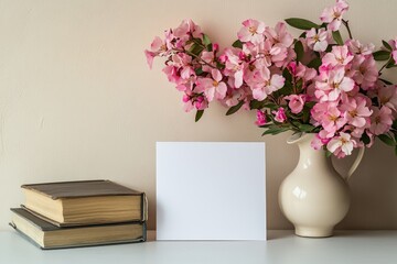 A blank card stands before two stacked books and a cream pitcher filled with pink blossoms against a pale wall