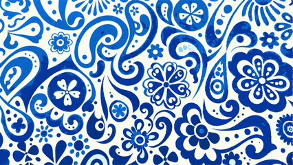 Beautiful Blue and White Floral Paisley Pattern Design. This vibrant and intricate design features a repeating pattern of stylized flowers, paisley swirls, and decorative elements in a rich blue.