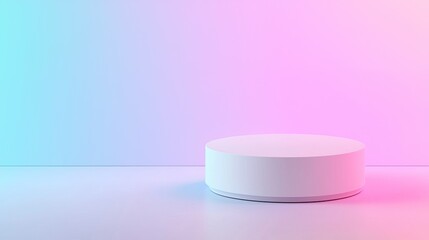 Minimalist white cylindrical platform against a vibrant blue and pink gradient background, ideal for product display or presentation.