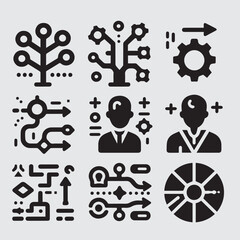 Business Plan Icon Set – Black and White Line Style, Strategy and Planning Symbols
