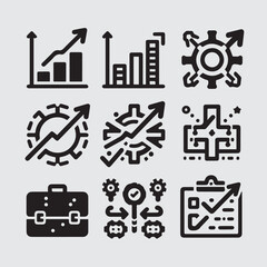 Business Plan Icon Set – Black and White Line Style, Strategy and Planning Symbols