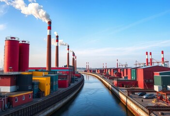 Obraz premium Vibrant smokestacks, colorful buildings, industrial canal, power, clouds