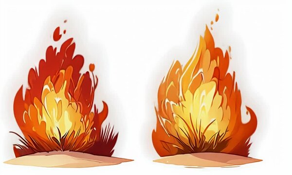 Two stylized flames burning in grass on sand.