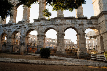 A wall fragment of ancient Roman amphitheater in Pula, Croatia