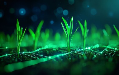 Young green plants sprouting from soil, glowing under bright light with a futuristic, vibrant atmosphere.