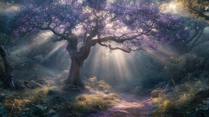 Fototapeta premium Sunlight streams through a magical forest with a magnificent tree adorned with purple blossoms