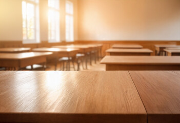 Fototapeta premium Empty classroom with wooden desks, chairs, and a green chalkboard, warmly lit by sunlight from the window—classic educational setting.