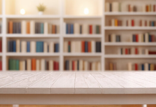 Light wooden tabletop with a blurred background of bookshelves filled with colorful books, creating a cozy and intellectual reading atmosphere.