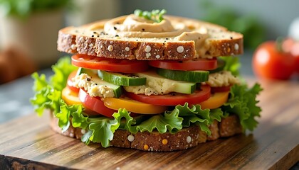 Delicious Sandwich with Fresh Vegetables on a Wooden Board