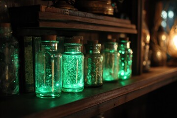 Glowing green jars on a wooden shelf create an enchanting atmosphere.