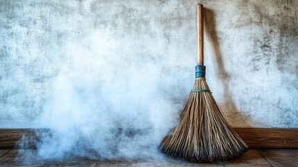 Old broom with smoke on dusty floor