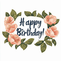 Elegant aesthetic text Happy Birthday on a white background framed with a floral frame with green leaves clipart