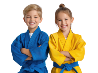 Youthful Martial Arts: A pair of young, smiling martial artists in vibrant martial art uniform and belts stand arm in arm, embodying strength, discipline, and camaraderie.
