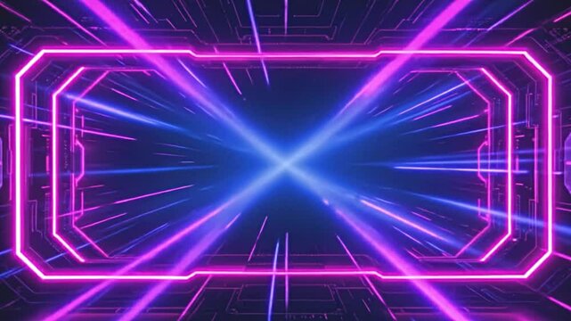 futuristic end screen neon frame incorporated with holographic effects and a combination of cyan and magenta lights, surrounded by a rich black background