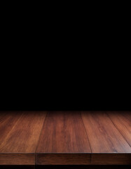 Dark wooden tabletop with a black background, ideal for luxury product displays, dramatic presentations, or moody visual setups.