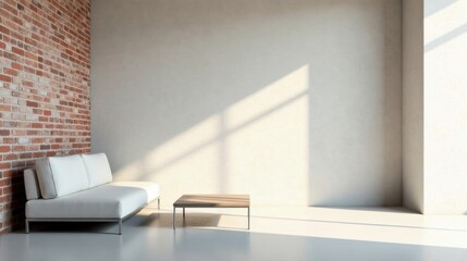 Modern minimalist living space featuring a sleek white sofa and a light wood coffee table against a textured brick wall bathed in sunlight