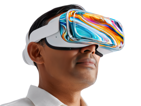 Immersive Vision: A man explores a vibrant virtual reality world, embodying technological exploration and boundless digital experiences.