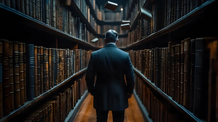 Person in a long library corridor
