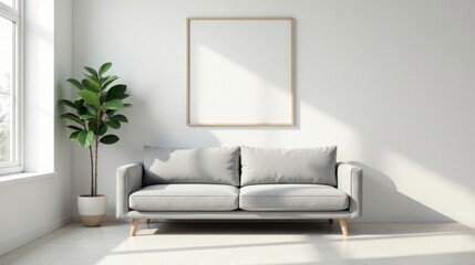 Fototapeta premium Bright sunlit living room interior design with a cozy light gray sofa and a large empty picture frame on a white wall, featuring a potted plant