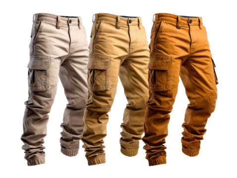 Trio of Cargo Pants: A studio shot showcases three different shades of sturdy cargo pants, each perfectly tailored and ready for action. These are built to endure the demands of any adventure. 