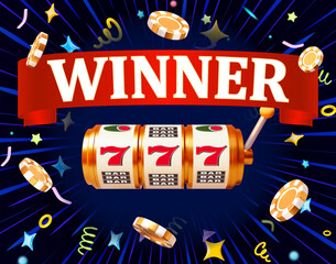 Online casino. 3D slot machine on blue background. 777 Big win concept banner casino. Gambling concept design. 3d vector illustration on isolated background.