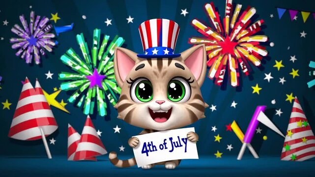 Patriotic Cat cartoon with 4t of July banner