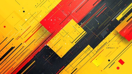 there is a yellow and red abstract background with black and red squares